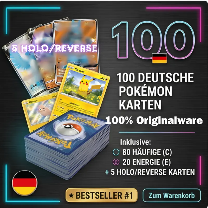 100x Pokémon Karten (Deutsch) + 5x Holo Karten – 80x Common/Uncommon + 20x Energiekarten – Zufällige Auswahl