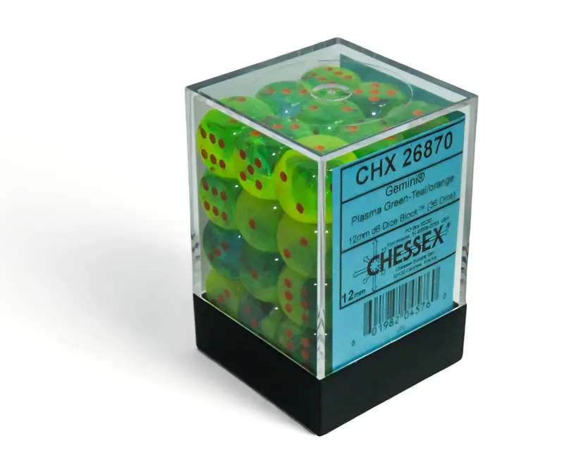 Chessex Gemini 12mm Plasma Green-Teal/orange Dice Block