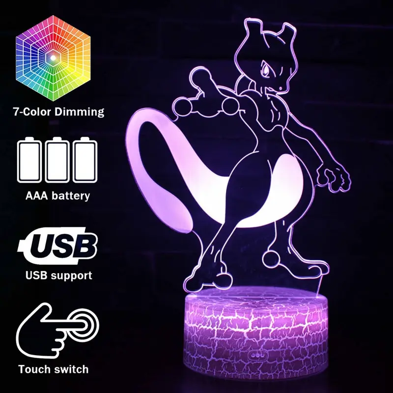Mew oder Mewtwo / Mewtu Nachttischlampe 3D Effekt, 16 Farben, Fernbedienung