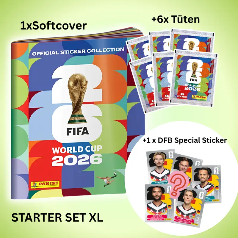 Panini FIFA World Cup 2026 Start Set XL Softcover mit 6 Tüten + 1 DFB Spezial Sticker – 7 Sticker je Tüte