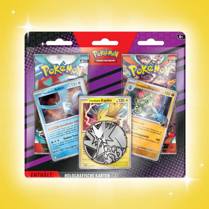Pokémon 11706 Aufgewerteter 2er-Pack Blister – Team Rockets Arktos, Zapdos & Despotar, 2 Boosterpacks + Münze