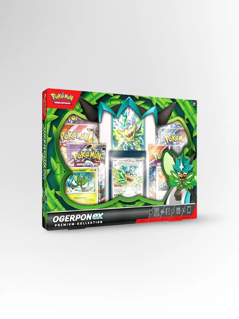 Pokémon Ogerpon ex Premium-Kollektion (6 Booster + 3 Holokarten + 1 Kartenständer + Sleeves) – Deutsch