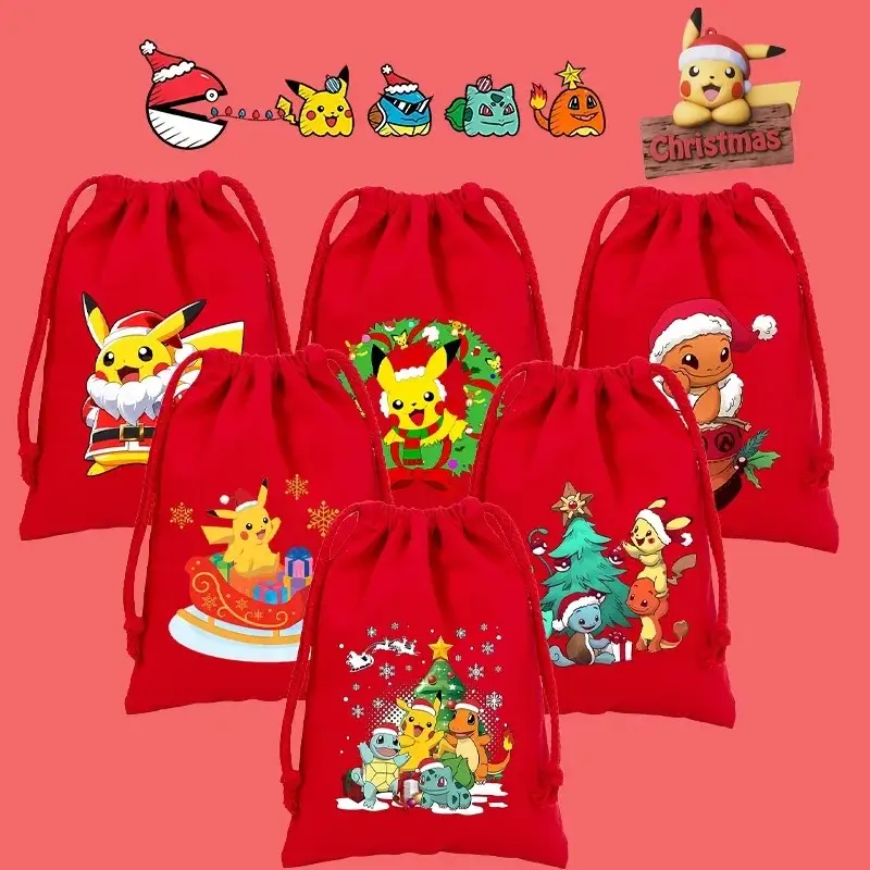 Weihnachtliche Pokemon Pikachu Tassche mit Kordel für Nikolaus, Weihnachten Geschenke etc.